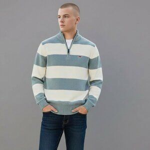Brooks Brothers Men's Blue White Stripe Zip Collar Lamb Wool Sweater XL Slim Fit
